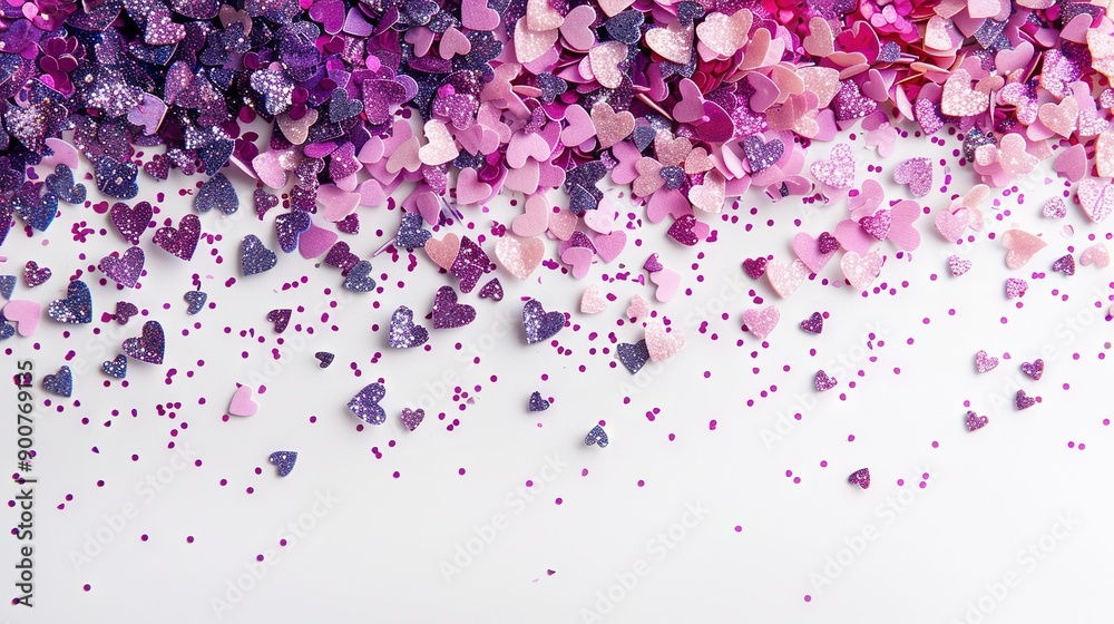A sea of pink and purple confetti graces a white background, with a carpet of colorful debris below A sea of pink and purple confetti graces a white background, with a carpet of colorful debris below