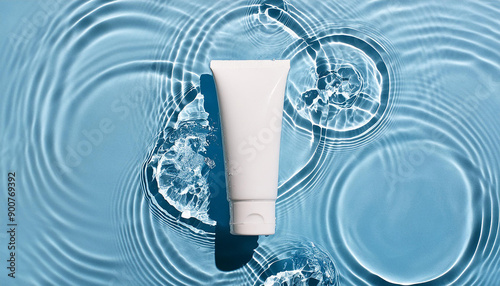 White cosmetic tube gracefully floating on rippled water. Beauty and skincare product promotion