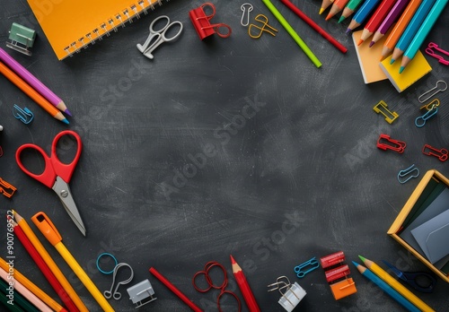 A chalkboard background with school supplies scattered around it,