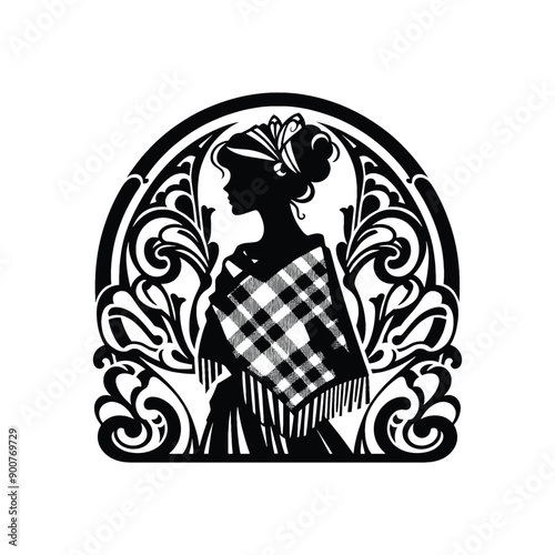 woman wear traditional fashion Scottish tartan kilt paired with a woolen shawl