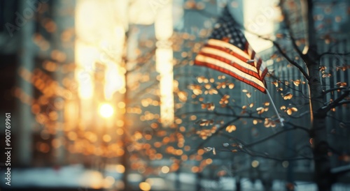 American Flag Waving in City Sunset