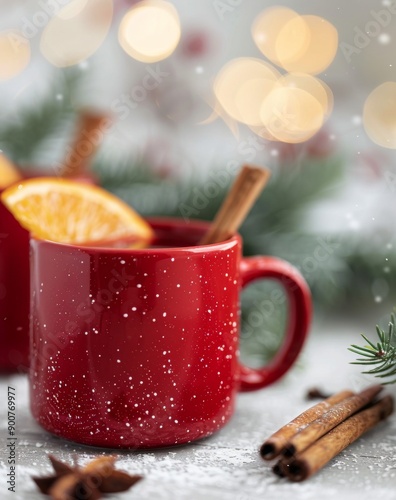 Red Mug of Mulled Wine With Cinnamon Sticks