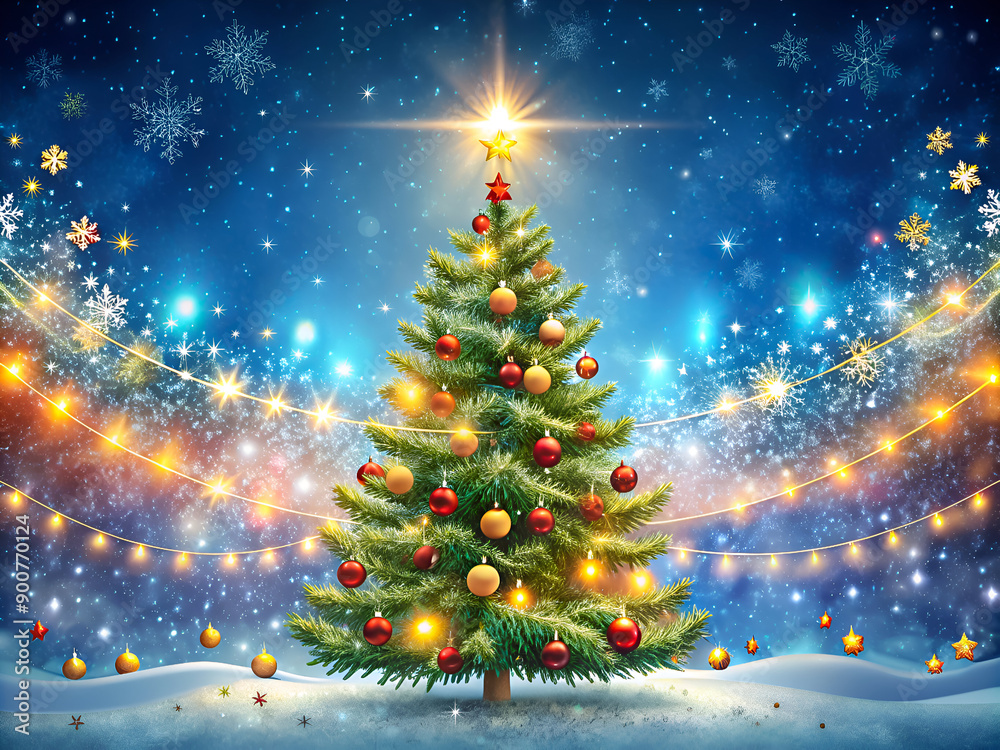 Festive Christmas tree illuminated with golden lights, snowflakes falling, and vibrant red and gold ornaments under a starry night.