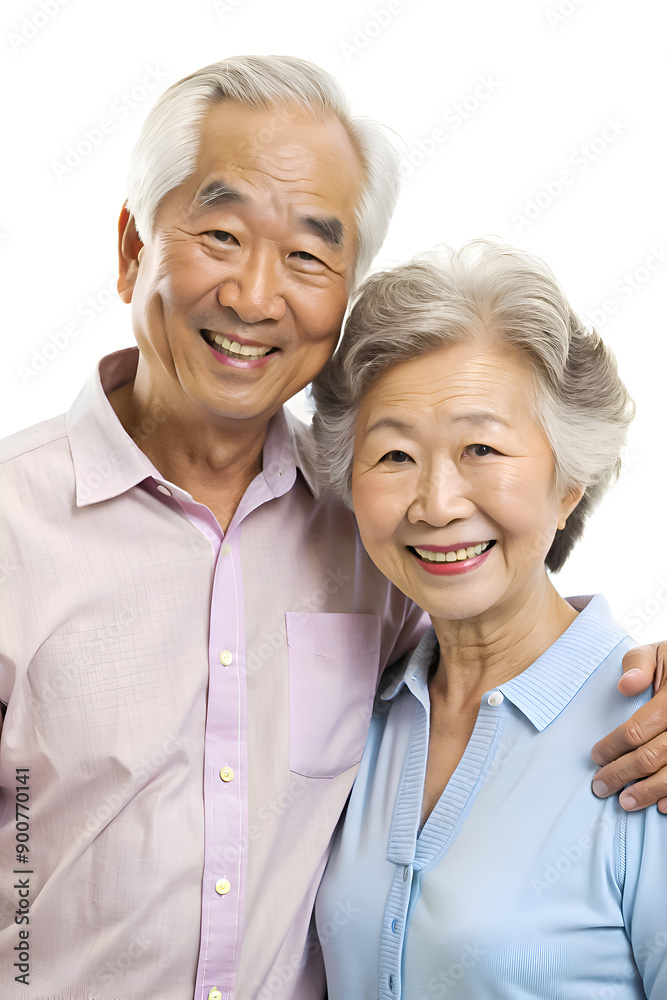 Elderly Asian couple smiling together, man in pink shirt, woman in blue blouse. Elderly Asian couple smiling together, man in pink shirt, woman in blue blouse.