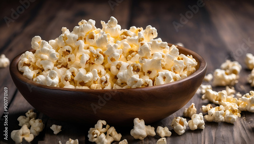 Bowl of salted popcorn on wooden surface, Generative AI 