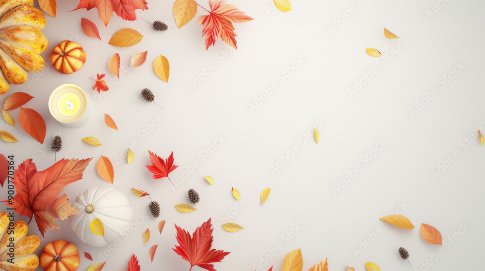 Obraz premium Autumn Flat Lay with Leaves, Pumpkins, and Candle
