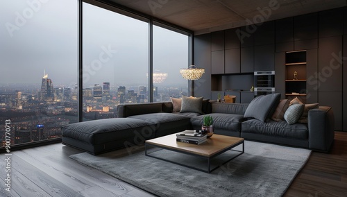 Modern Living Room With City View at Dusk