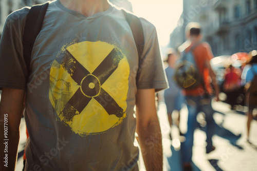 Close-up of person in grey shirt with anti-nuclear symbol, participating in a protest on International Day against Nuclear Tests photo