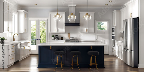 Modern White Kitchen with Gold Accents luxury real estate  Home kitchen interior design  3d rendering  illustration
