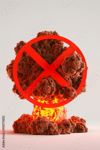 3D illustration of a nuclear explosion icon crossed out with a red circle, isolated on a white background