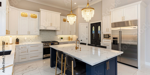 Modern White Kitchen with Gold Accents luxury real estate, Home kitchen interior design, 3d rendering, illustration