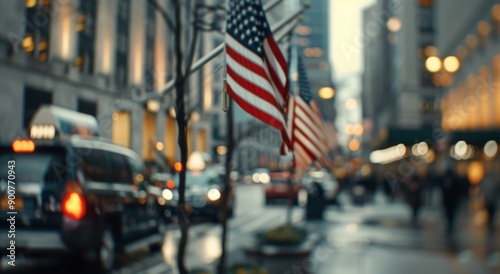 American Flag Waving in City Sunset