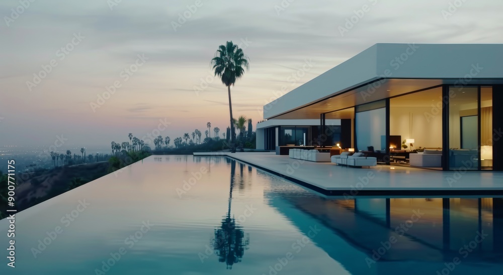 Obraz premium Modern Home With Infinity Pool at Dusk