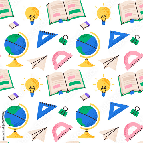 School seamless vector pattern, with school supplies, back to school, on white background