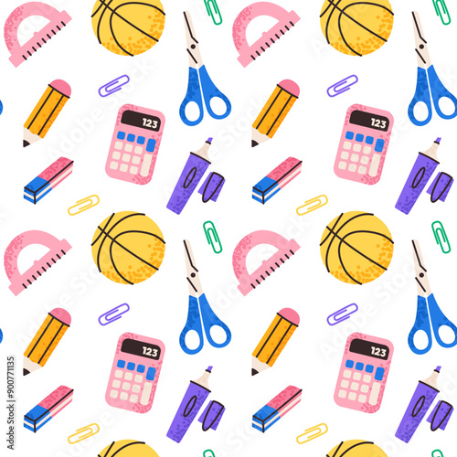 School seamless vector pattern, with school supplies, back to school, on white background