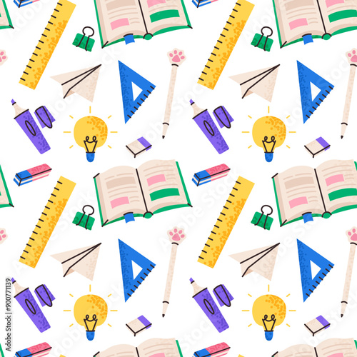 School seamless vector pattern, with school supplies, back to school, on white background