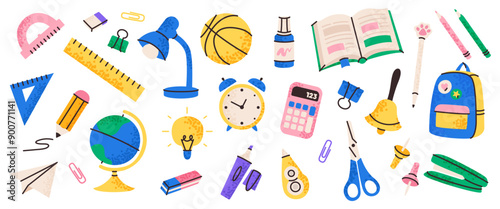 School supplies set, vector illustration, cartoon style, isolated on white background
