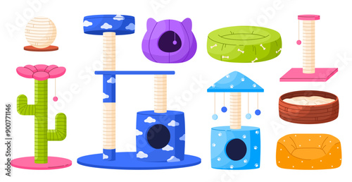 Set of cat furniture for sleep. Collection of pet bed houses, cat tree with climbing platforms, toys and scratching post. Cat towers and baskets. Isolated vector illustration in cartoon style