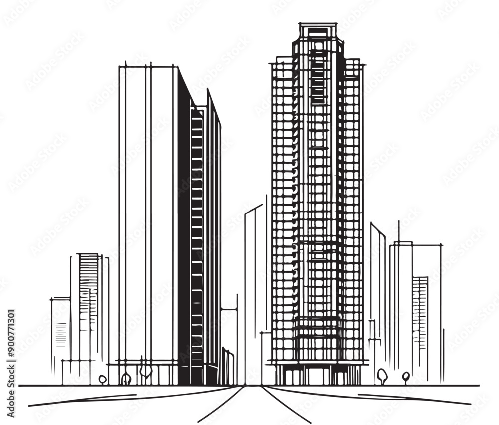 Obraz premium High rise building sketch. Line art logo