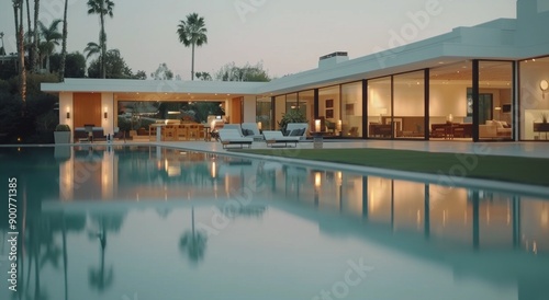 Modern Home With Pool at Dusk