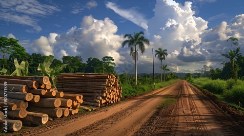 Big pile of wooden timber pine logs stacked near dirt road countryside against blue sky and forest. Sawmill woods cutting industry. Illegal deforestation. Firewood logging for winter heating