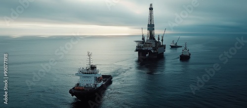 Oil Rig and Support Vessels in Open Sea