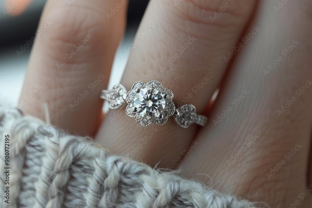 Closeup of a sparkling diamond ring on a woman's finger, showcasing luxury and commitment Closeup of a sparkling diamond ring on a woman's finger, showcasing luxury and commitment