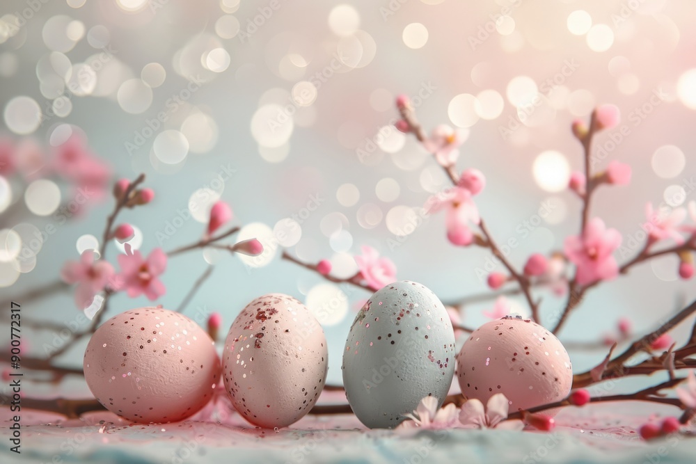Decorated Easter eggs and spring blossoms on a pastel bokeh background. Close-up composition. Easter celebration and springtime holidays. Generative AI Decorated Easter eggs and spring blossoms on a pastel bokeh background. Close-up composition. Easter celebration and springtime holidays. Generative AI