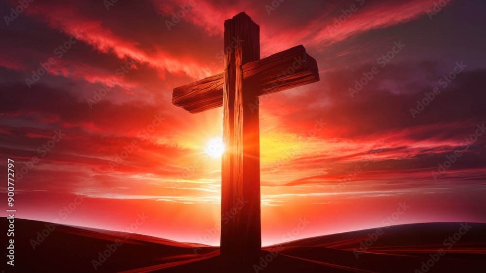 A wooden christian cross in the middle of a desert with an orange sky, AI A wooden christian cross in the middle of a desert with an orange sky, AI