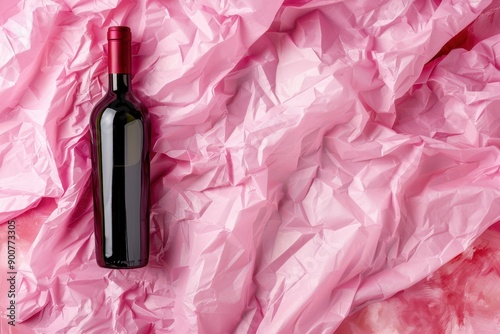 a bottle of wine on a pink background photo