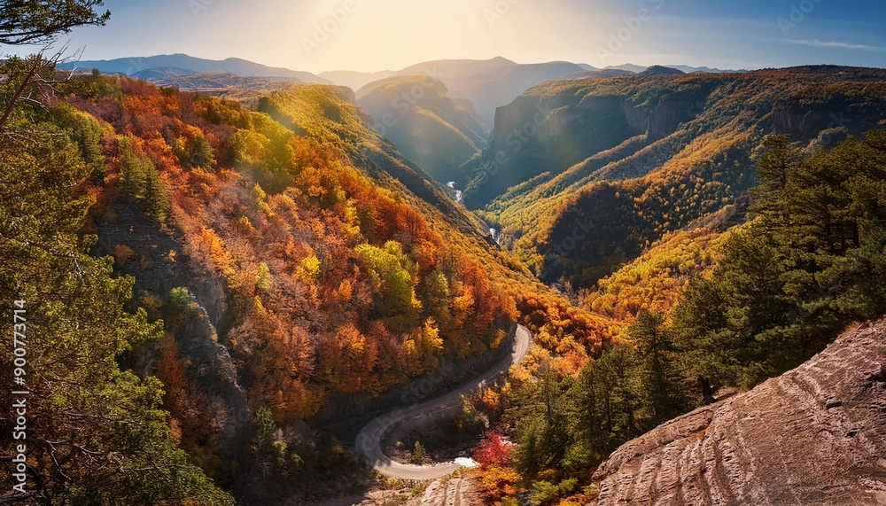 Naklejka premium Discover Nature's Beauty: Mountain Path through Autumn Foliage Leading to Deep Green Gorge by Generative AI