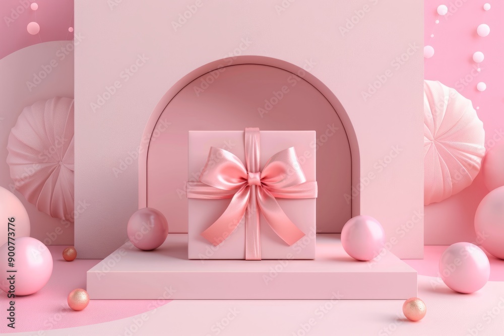 © Екатерина Каболова - Pink gift box with satin ribbon and bow on pink decorative background. Holiday and celebration concept. Design for greeting card and poster. Mockup. Generative AI