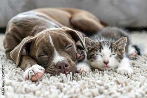 a dog and a kitten laying on a carpet photo