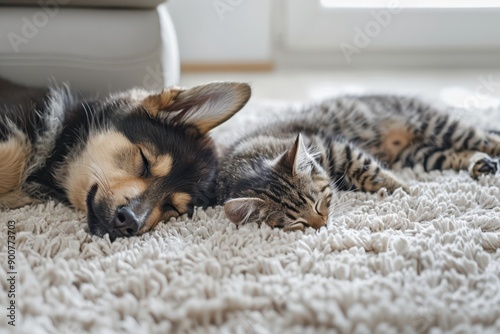 a dog and cat sleeping on a carpet photo