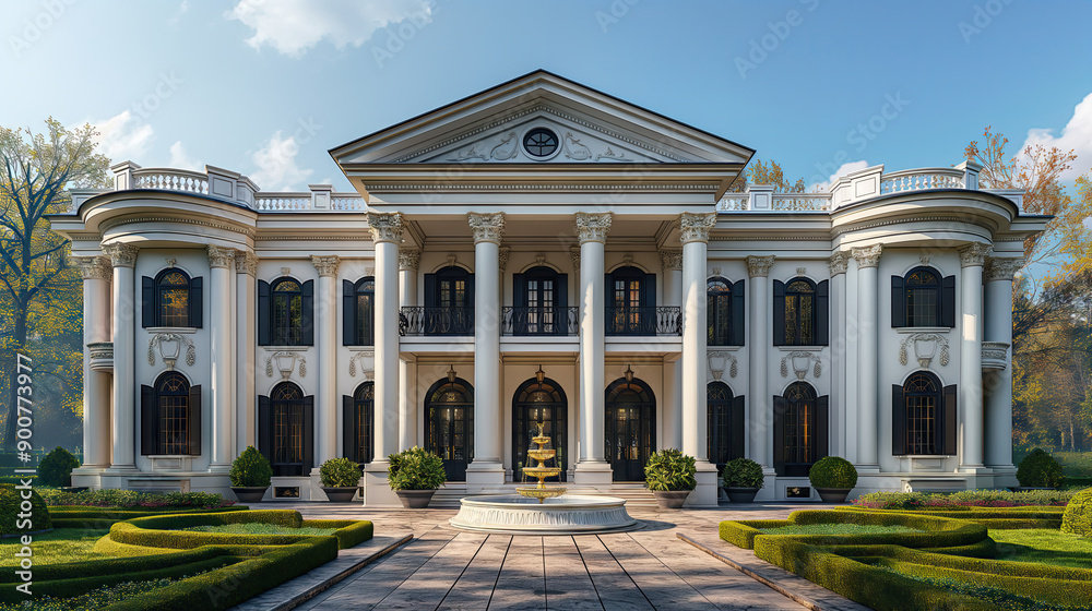Elegant white mansion with fountain and landscaped garden
Elegant white mansion with fountain and landscaped garden