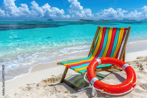 beach chair and life preserver on the beach