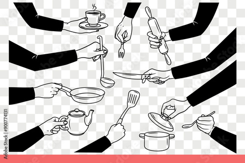Crockery and cutlery in hands people using pots and kettle or fork with knife to prepare and eat food. Kitchen utensils for housewife or restaurant kitchen with professional chefs. Hand drawn doodle