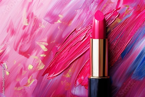 Bright pink lipstick on colorful abstract painted background. Studio product photography. Beauty and cosmetics concept for design and print. Mockup. Generative AI