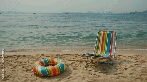 a beach chair and an inflatable ring sit on the sand