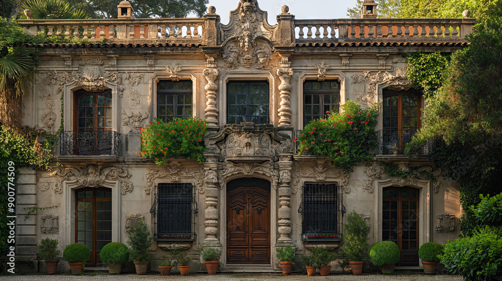 Elegant ivy-covered mansion with intricate stone carvings, lush greenery, and charming windows
Elegant ivy-covered mansion with intricate stone carvings, lush greenery, and charming windows