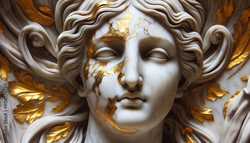Marble sculpture in the form of a woman with golden scratches. Marble image. Background.Generative AI