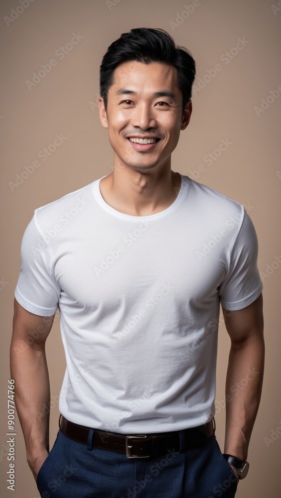 Fototapeta premium A smiling man in a white t-shirt poses confidently against a beige background