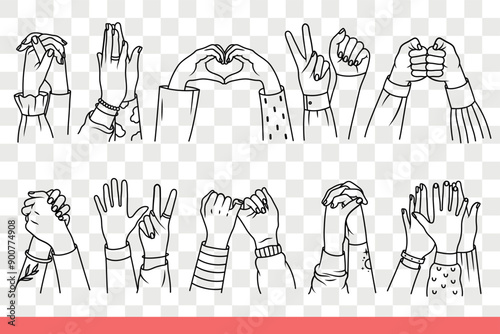 Hands of loving couples together showing gesture of love and romance or handshake. High five gesture near fist bumping and arms or people making peace and prayer sign. Hand drawn doodle