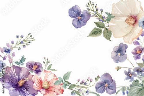 Watercolor illustration of purple, pink, and white flowers with green leaves on white background. Floral border with copy space. Springtime and nature concept. Generative AI