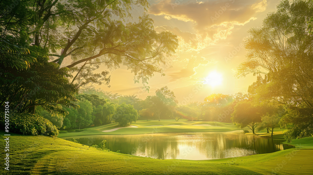 Sunrise over a serene golf course with lake and lush greenery Sunrise over a serene golf course with lake and lush greenery