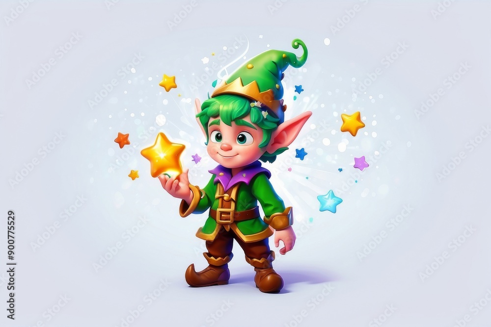 A cheerful cartoon elf holding a magic star A cheerful cartoon elf holding a magic star