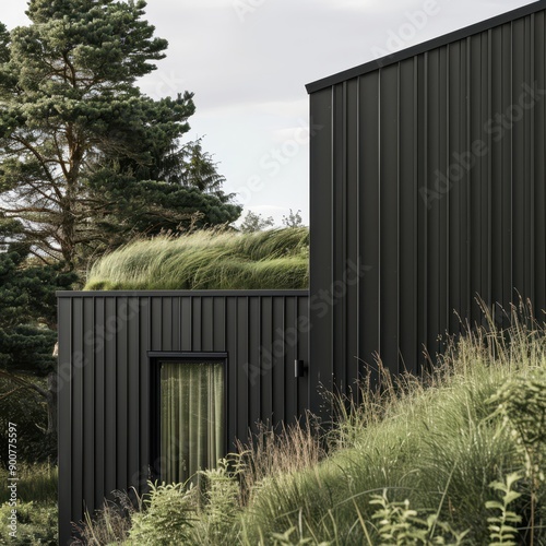 a black house with grass growing on the roof