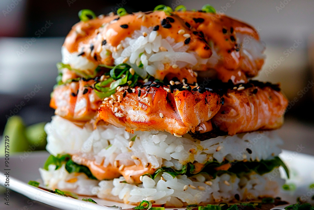 Grilled salmon sushi burger with rice buns, spicy mayo, and sprinkled sesame seeds Grilled salmon sushi burger with rice buns, spicy mayo, and sprinkled sesame seeds