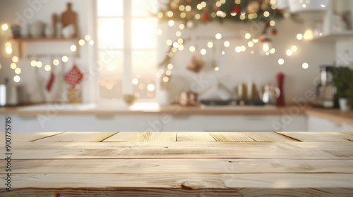 Wooden kitchen counter with festive decorations and warm lighting