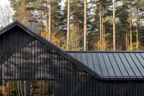 a black house with a metal roof in the woods photo